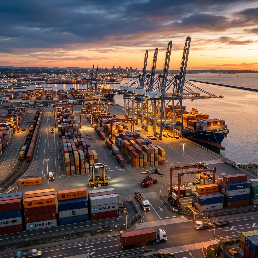 Cinematic high-angle view of a bustling global logistics terminal at dawn