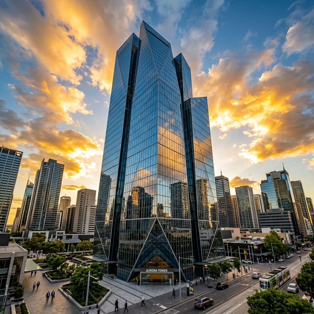 Corporate skyscraper steel glass reflections